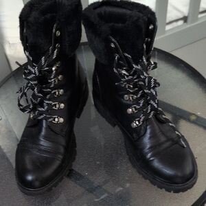 Forever 21 Black Combat Moto Boots with Glossy Leather Finish